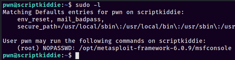 pwn user's sudo permissions showing NOPASSWD access to msfconsole.