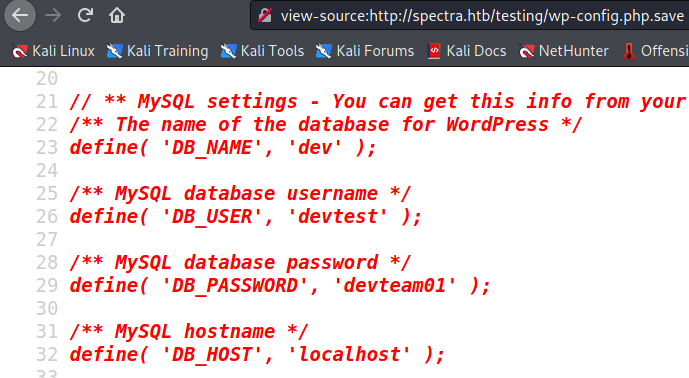 Viewing the source code of wp-config.php.save in our browser shows us credentials.
