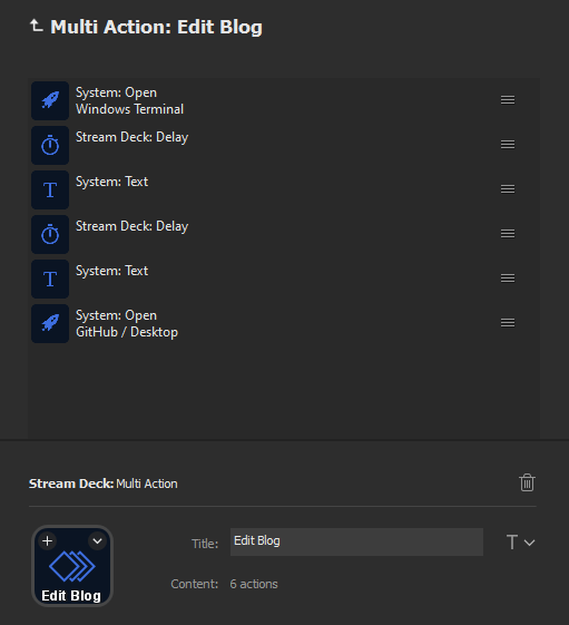 Stream Deck software showing a multi-action designed to open Visual Studio Code for blog editing, among other programs.