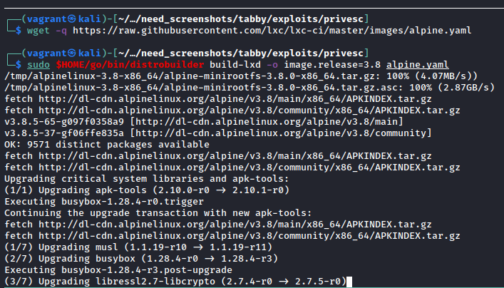 Distrobuilder building an Alpine Linux image for LXC consumption.