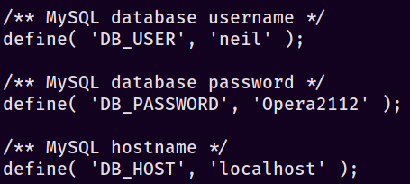 Credentials for neil found in the wp-config.php file.