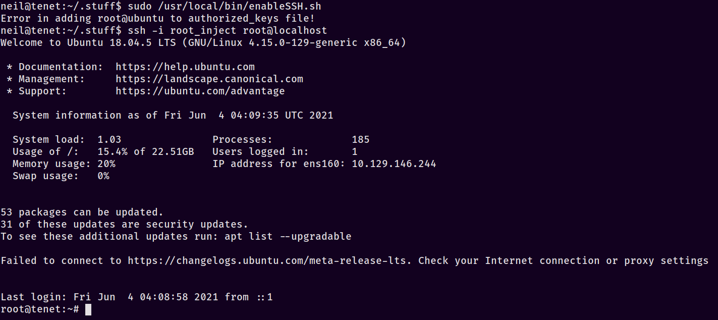 SSH'ing into the root account on tenet.